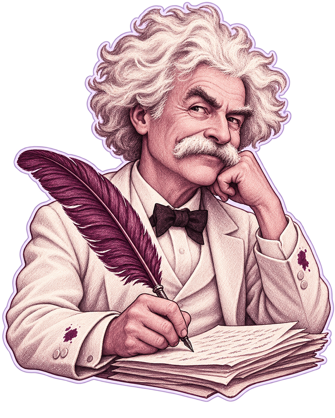 Playful Mark Twain caricature with wild white hair, a large moustache and an oversized quill